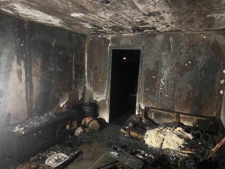 Fire damaged living room