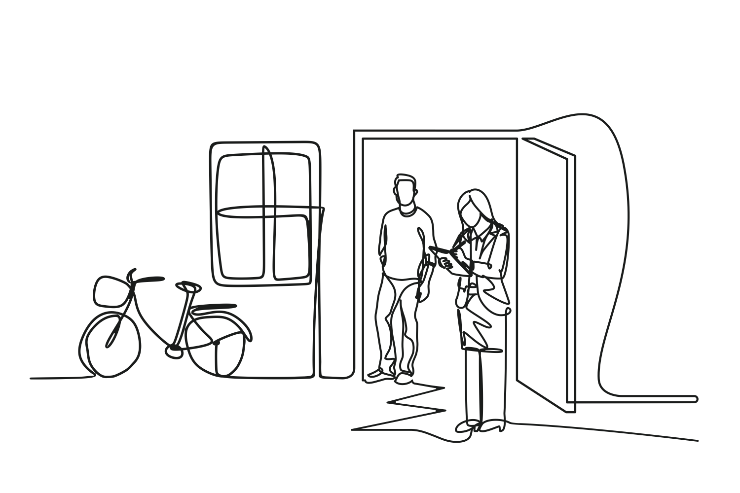 An illustration of two people talking at a front door