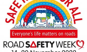 Safer roads for all logo - a rainbow with different modes of transport and the text 'Safe roads for all. Everyone's life matters on roads. Road safety week 14 - 20 November 2022'.