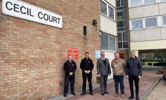 L-R Group Manager Mark Earwicker, Chris Parker, Director of Operations, Roger Hirst Police, Fire and Crime Commissioner for Essex, Councillor Ian Gilbert and Paul Longman, Head of Major Projects standing outside of Cecil Court