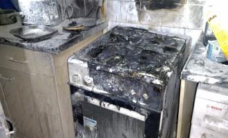 A fire-damaged kitchen