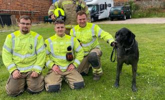 Firefighters from Waltham Abbey with Emily, a Great Dane they'd just rescued