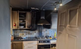 Chip pan fire damage to kitchen