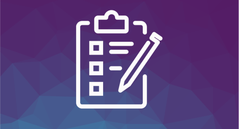 white icon on purple background of a checklist and pencil