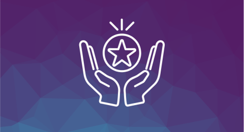 Purple background with white icon of two hands holding a star