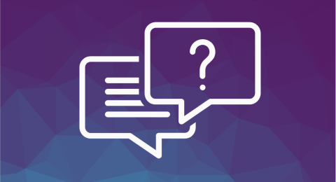 Purple background with white icon of two speech bubbles one with lines in and one with a question mark in