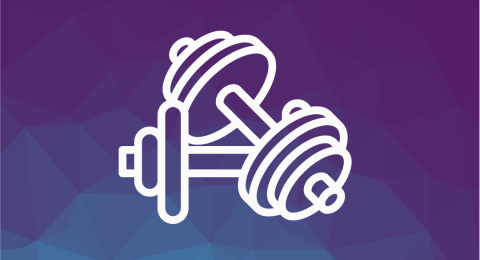 Purple background with white icon of dumbbells 