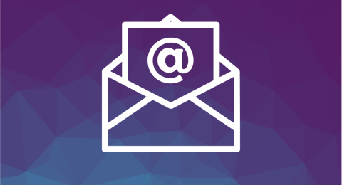 Purple background with white icon of envelope with letter and an @ symbol