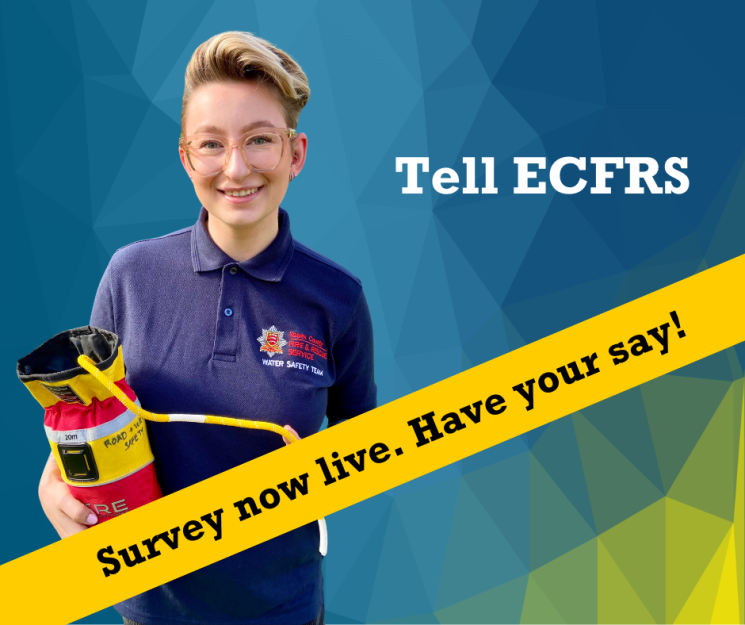 Blue background with an image of colleague Daisy and the words 'Tell ECFRS. Survey now open. Have your say!' 