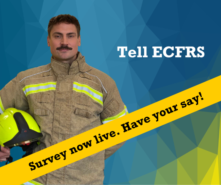 Blue background with an image of colleague Matt and the words 'Tell ECFRS. Survey now open. Have your say!'