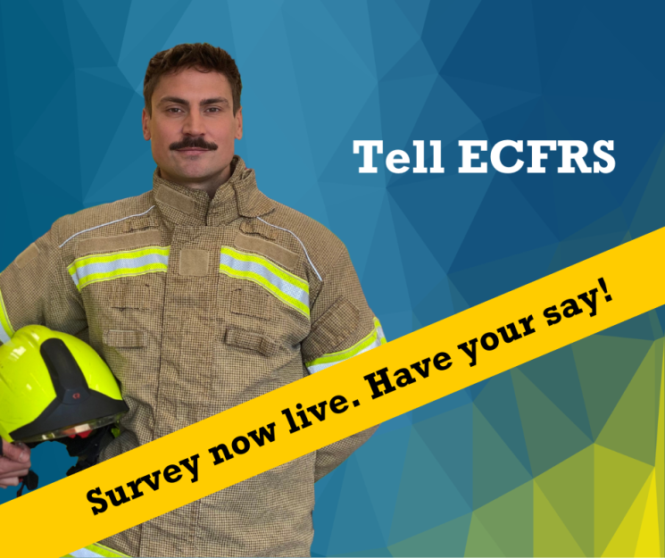 Blue background with an image of colleague Matt and the words 'Tell ECFRS. Survey now open. Have your say!' 