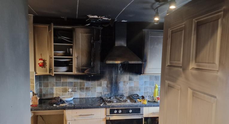 Chip pan fire damage to kitchen